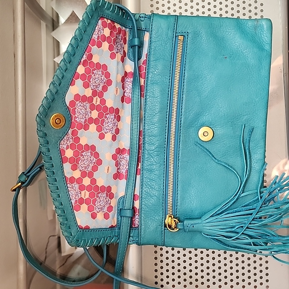 HOBO International Turquoise Leather Crossbody Boho Whipstitch Tassel Bag - Picture 2 of 12
